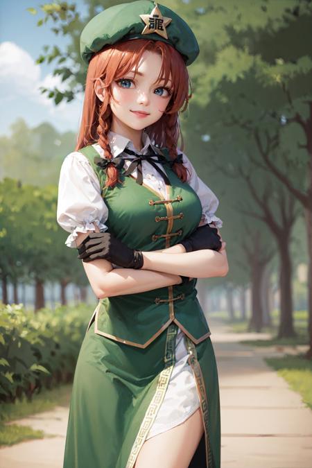 00031-2002257046-(masterpiece, best quality_1.2), , cowboy shot, solo, 1girl, hong meiling, smile, looking at viewer, crossed arms, twin braids,.jpg